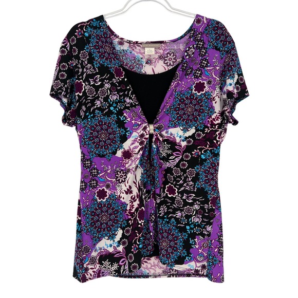 Kim Rogers Tops - Kim Rogers Layered Blouse Womens Large Purple Floral Mandala Ring Detail Top